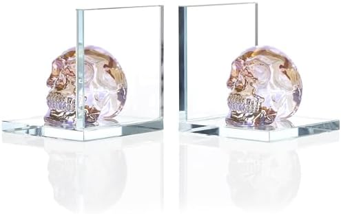 Glass Skull Book Ends for Shelves with Golden Crystal Skulls by Ornalrist