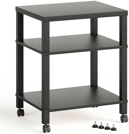 3-Tier Printer Stand with Wheels, Large Under Desk Rolling Cart for Office Storage, Heavy Duty Machine Stand with Adjustable Shelf, 22.04"x17.71"x26.54", Black by Unknown