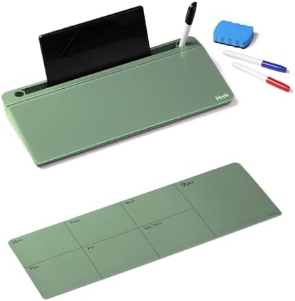 Birch Desktop Glass Whiteboard with Magnetic Weekly Calendar – Dry Erase Board, Keyboard Stand, Hidden Storage, Adjustable Dividers, 3 Markers & Eraser – Office, Home, School – Moss by OfficeEssentials
