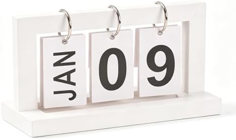 Wooden Perpetual Flip Calendar—White Wood Finish—Minimalist Page Flipper with Metal Ring—Reusable Daily Date Tracker for Home Office Study or Nightstand - Image 2
