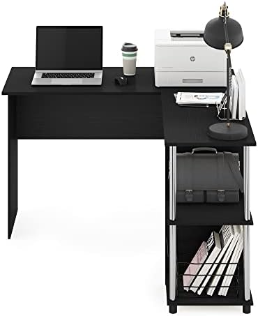 Furinno Abbott L-Shape Computer Desk with Stainless Steel Tubes Bookshelf, Americano/Chrome - Image 4