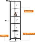 Furnulem 6 Tier Corner Shelf with LED Light, 67.5" Black Narrow Bookshelf - Image 2