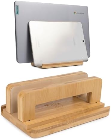 S&A WOODCRAFT 3 Slots Bamboo Wood Vertical Laptop Stand, Adjustable Wooden Laptop Holder, Non-Slip Laptop Dock Compatible with Apple MacBook, Microsoft Surface, Gaming Laptops, IPad, Tablets by SAWOODCRAFT