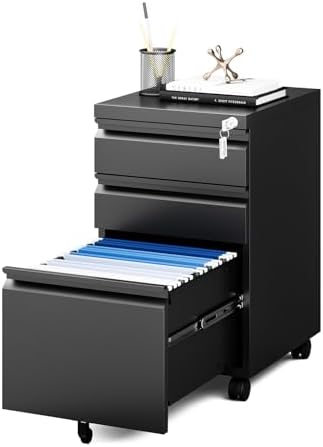 MIIIKO File Cabinet 3 Drawers on Wheels Under Desk, Black Metal Rolling File Cabinets with Lock for Home Office, Un-Assembled Filing Cabinet with Lock by MIIIKOOfficeFurniture