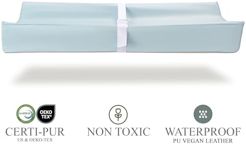 Vegan Leather Contoured Baby Changing Pad | Waterproof & Wipe-Clean PU Leather Diaper Change Mat, Soft, Wipeable Cover, Safety Strap, Non-Slip Bottom, Topper for Standard Infant Diaper Table & Dresser - Image 2