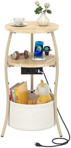 sthemc 3-Tier Small Round End Table Livingroom with Charging Station,Basket by Unknown