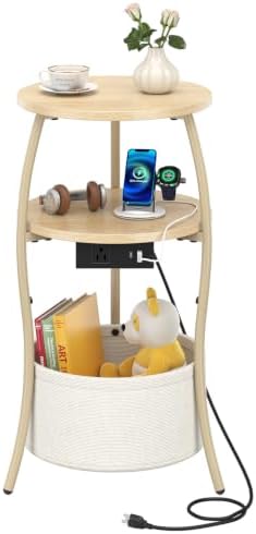 sthemc 3-Tier Small Round End Table Livingroom with Charging Station,Basket by Unknown