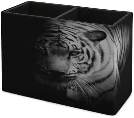 PU Leather Multi-Compartment Pen Holder Desktop Organizer Pencil Cup Storage Caddy for Office Home Supplies White Tiger Isolated on Black Background - Image 7
