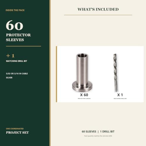 HYPERGIANT 60 Pack Cable Rail Protective Sleeves for 5/32 or 3/16 Inch Wire Rope, T316 Stainless Steel Wood/Composite Post Hole Sleeves, Deck Railing Hardware with 1 Drill Bit, Silver - Image 7