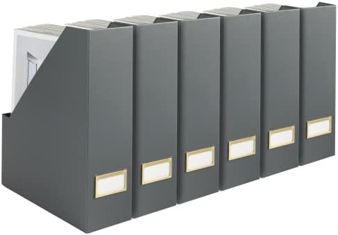 BLU MONACO | Set of 6 Foldable Grey Magazine File Holders with Gold Label Holders | Vertical File Organizer Boxes for Desk, Bookshelf & Home Office Storage by Blu_Monaco