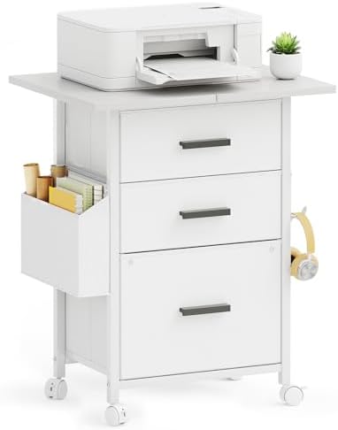 Mexin 3 Drawer File Cabinet with 22'' Extended Desktop, Mobile Filing Cabinet, Printer Stand, Rolling Printer Stand with Side Bag, Fabric Drawer, Fits A4 Size, Home Office, White by Mexin