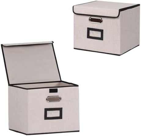Large Square Storage Bin with Lid, Foldable Organizer Box with Handles & Label Design, for Office, Closet, Home, Documents, Grey, 12.20 x 10.63 x 10.63 Inches, 2 Pack by TCbelosion