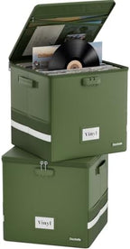 DocSafe Vinyl Record Storage Box with Lock,Fireproof Record Organizer Storage for 100+ Single Records(12-inch), Collapsible Storage Crate with Lid & Handles for Valuable Album Collection,Green,2 Pack by DocSafe