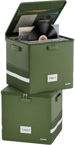 DocSafe Vinyl Record Storage Box with Lock,Fireproof Record Organizer Storage for 100+ Single Records(12-inch), Collapsible Storage Crate with Lid & Handles for Valuable Album Collection,Green,2 Pack by DocSafe
