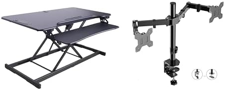 Rocelco 46" Electric Standing Desk Converter with AC Outlet USB Charger and Dual Monitor Arm Mount - Motorized Adjustable Sit Stand Riser - Tabletop Workstation Keyboard Tray - Black (R EDRB-46-DM2) by Rocelco