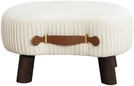 LUE BONA Small Curved Foot Stool with Handle, Beige Velvet Footstool and Ottomans, Modern Foot Rest with Wooden Legs, Step Stool with Padded Seat for Couch, Living Room - Image 2
