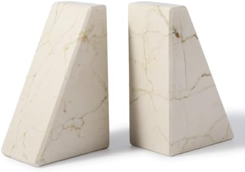 Koville Marble Bookends for Shelves, Large Bookends for Heavy Books, Non-Slip Heavy Duty Book Stopper for CD/Movies, Aesthetic Decorative Bookends for Shelves Table Home Decor(Beige) by Koville
