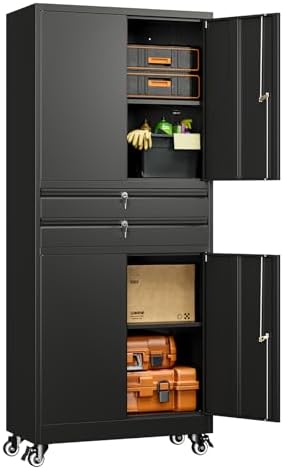 Yizosh Metal Garage Storage Cabinet with Locking Doors and Adjustable Shelves, 74" Rolling Tool Storage Cabinet with 4 Wheels and 2 Drawer for Garage,Warehouse - Image 3