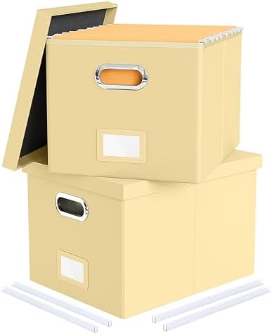 Oterri 2 Pack File Storage Organizer Box, Portable Document Box with Lid,Fit for Letter/Legal File Folder Storage,Cream-yellow(Leather) by Oterri
