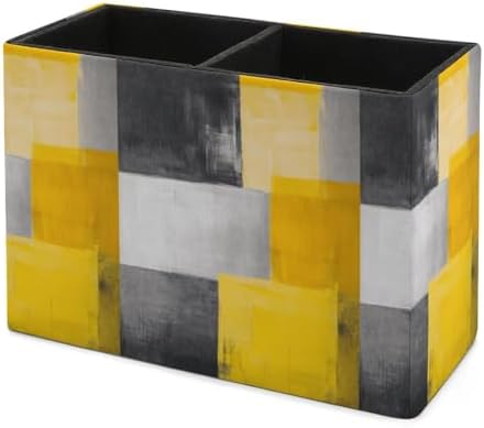 Pens Holder, Pencils Holder for Desk Organizer, Abstract Art Gray Yellow Plaid PU Leather Pencil Cups Desktop Stationery Storage Makeup Brush Holder Pens Organizer for Office Home - Image 7