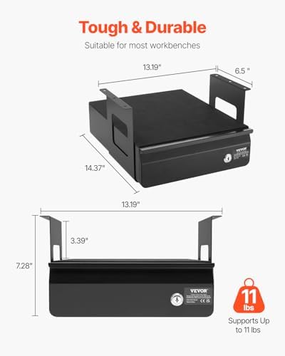 VEVOR Under Desk Lockable Slide Out Drawer, 13 inch Under Desk Pull-out Drawer for Sit Stand Workstation, Secure Under Counter Drawers for Home Office Storage Organizer, Black - Image 2