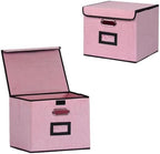 Large Square Storage Bin with Lid, Foldable Organizer Box with Handles & Label Design, for Office, Closet, Home, Documents, Pink, 12.20 x 10.63 x 10.63 Inches, 2 Pack by TCbelosion
