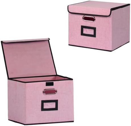 Large Square Storage Bin with Lid, Foldable Organizer Box with Handles & Label Design, for Office, Closet, Home, Documents, Pink, 12.20 x 10.63 x 10.63 Inches, 2 Pack by TCbelosion