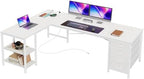 Huuger 55 Inch L Shaped Desk with Fabric Drawers, Reversible Computer Gaming Desk with Power Outlets and USB-C Port, Adjustable Side Storage Shelves, for Work Corner Home Office, White by Huuger