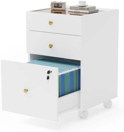 Under Desk Storage, 3 Drawer Small File Cabinet, Chest of Drawer with Glass Top, Mobile Printer Stand with Lockable Wheels for Home Office Study, White by DesignedforYourHome