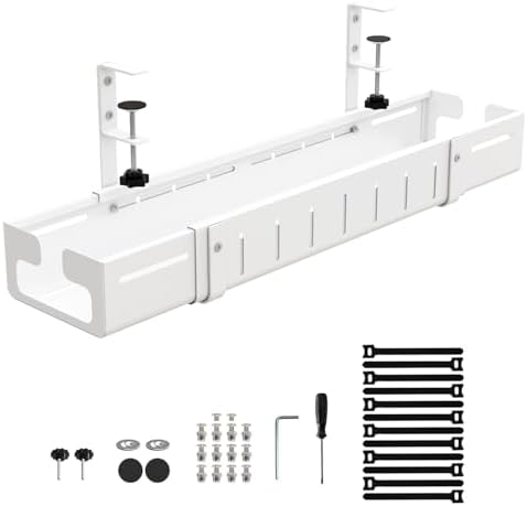 Under Desk Cable Management Tray, Expandable Length 25.2"-38.6",No Drill No Damage to Desk,Cable Tray with Clamp for with Wire Management,for Cord Organizer for Home Office Standing Desk, White - Image 2