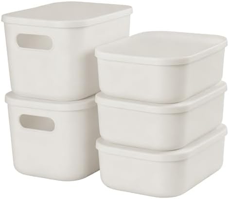 ANMINY White Plastic Storage Bins Baskets with Lids, 5-Pack, 2M+3S by ANMINY