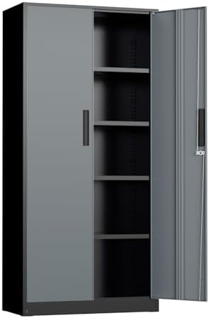 INTERGREAT Metal Storage Cabinet, 72" Locking Steel Cabinets with 2 Door and 4 Adjustable Shelves, Tall Metal Cabinet for Home Office, Garage, Warehouse,(Black+Grey) by INTERGREAT
