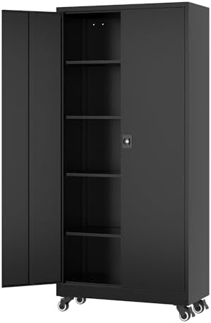 Fesbos Metal Rolling Storage Cabinet-74.6” Tall Steel File Cabinets with Wheels Lockable Doors and Adjustable Shelves-Black Steel Storage Cabinet for Home, School, Office, Garage by Fesbos