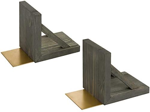 MyGift Vintage Gray Wood Decorative Bookends with Brass Metal Book Supports, Office Desk Wooden Bookend Book Stand, 2 Piece Set - Image 6