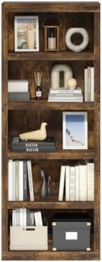 Furinno Rail Book Shelf, 5-Tier Bookshelf with Open Shelf, Bookcase with Classic Style Edges, 10 x 24.6 x 63.5, for Organization and Storage, for Living Room, Bedroom, Home Office, Amber Pine - Image 5