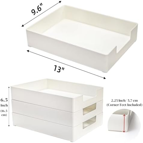 Eorbow 3 Pack Letter Tray, Plastic Stackable A4 Paper Trays, Rectangular Desk Drawer Organizer, File Holder for Desktop, Office Supplies Storage, White - Image 2