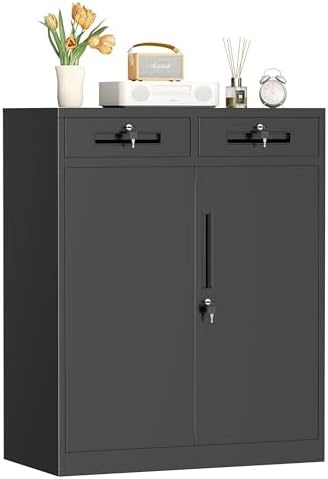 INTERGREAT Metal Garage Storage Cabinets with Lock,Steel Storage Cabinet with Drawer and 2 Adjustable Shelves, Small Lockable Office Steel Cabinet for Home, Warehouse, School, Black by INTERGREAT