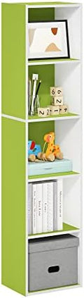 Furinno PASIR Book Shelf, 5-Tier Modern Bookshelf, Open Shelves Bookcase 9 x 12 x 52, Easy Assembly, for Living Room, Bedroom, Home Office, Green/White by Furinno-FitsYourSpaceFitsYourBudget