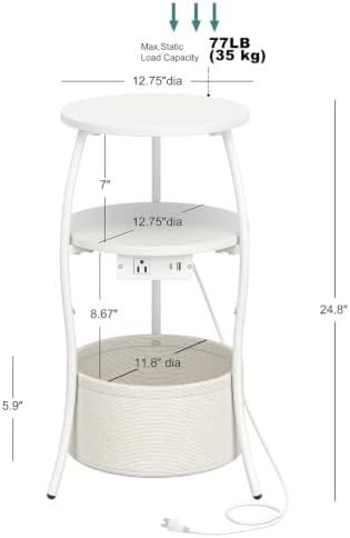 sthemc 3-Tier Small Round End Table Livingroom with Charging Station,Basket - Image 3