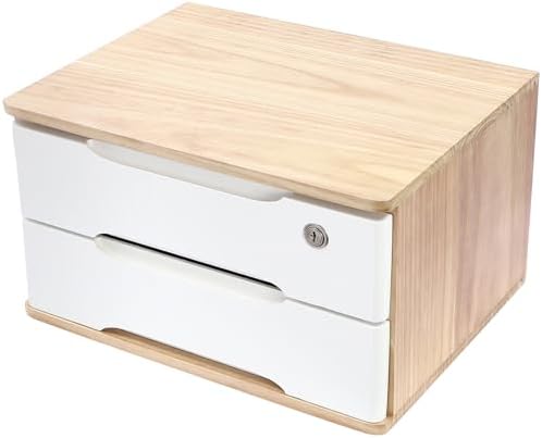 Wood Desk Organizer with 2 Drawers, Lockable Desktop Countertop Storage Cabinet for Home Office Supplies File Tabletop Organizing Unit (Wood) by iSamLam