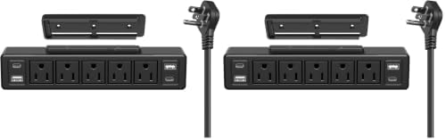 40W Under Desk Power Strip Mountable,20W USB-C Fast Charging Flat Plug Power Strip Surge Protector 1200J,9 in 1 Desk Outlet,5 Outlets,2 USB-C,2 USB-A,10FT Extension Cord Black (Pack of 2) by ANNQUAN