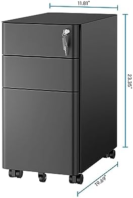 Mount-It! Slim 3 Drawer Rolling File Cabinet with Lock, Mobile Metal Filing Cabinet on Wheels for Under Desk Home & Office Storage, Letter Legal A4, Black - Image 3