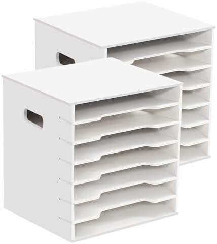 2PCS 7 Tiers 12" x 12" Scrapbook Paper Storage, Cardstock File Organizer with Adjustable Shelves, Construction Paper Organizer, Desktop File for Home Office School Classroom, White Wood Material by Unknown