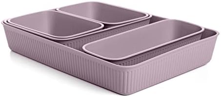 Superio Ribbed Collection - Decorative Plastic Desk Drawer Organizer Tray, Lilac Purple (Set of 5) Open Home Storage Bins Organizer Baskets, for Organizing Closet Shelves Drawer Shelf by Superio
