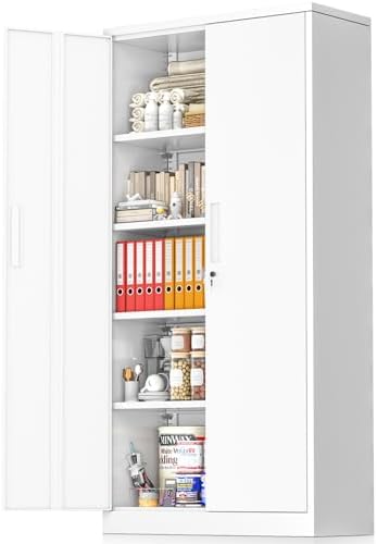 Greenvelly White Metal Storage Cabinet, 72" Steel Locking Cabinet with Doors and 4 Adjustable Shelves, Tall Tool Cabinets Lockable File Cabinet for Home Office, Metal Classroom Cabinet for Garage by Greenvelly