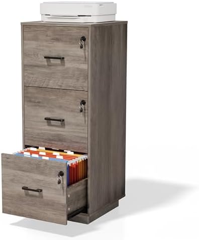 VINGLI 3 Drawer File Cabinet with Lock, Home Office Filing Organizer, for Letter Size File Folder Storage, Wood Tall Vertical Filing Cabinet, Printer Stand, Archivador (Rustic Gray) by VINGLI