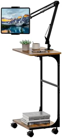 Floor Kindle Tablet iPad Stand with C-Shaped Side Table, Angle Height Adjustable iPad Tablet Kindle Holder for Bed with 360-Degree Rotating Wheels, Compatible with 4.7"-13" Kindle Cell Phone iPhone by Cidaziya