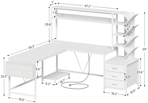 63" L Shaped Desk with Bookshelf, Drawers and Hutch for Home Office - Image 2