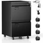 Aobabo 2 Drawer Rolling Metal File Cabinet with Lock, 5 Wheels, Black by Aobabo