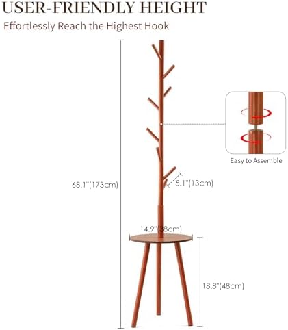 Wooden Coat Rack Freestanding with Round Table & 8 Hooks, Coat Tree Organizer for Clothes, Hats, Bags, Easy Assembly Space-Saving Coat Rack Stand for Home, Office, Walnut - Image 2